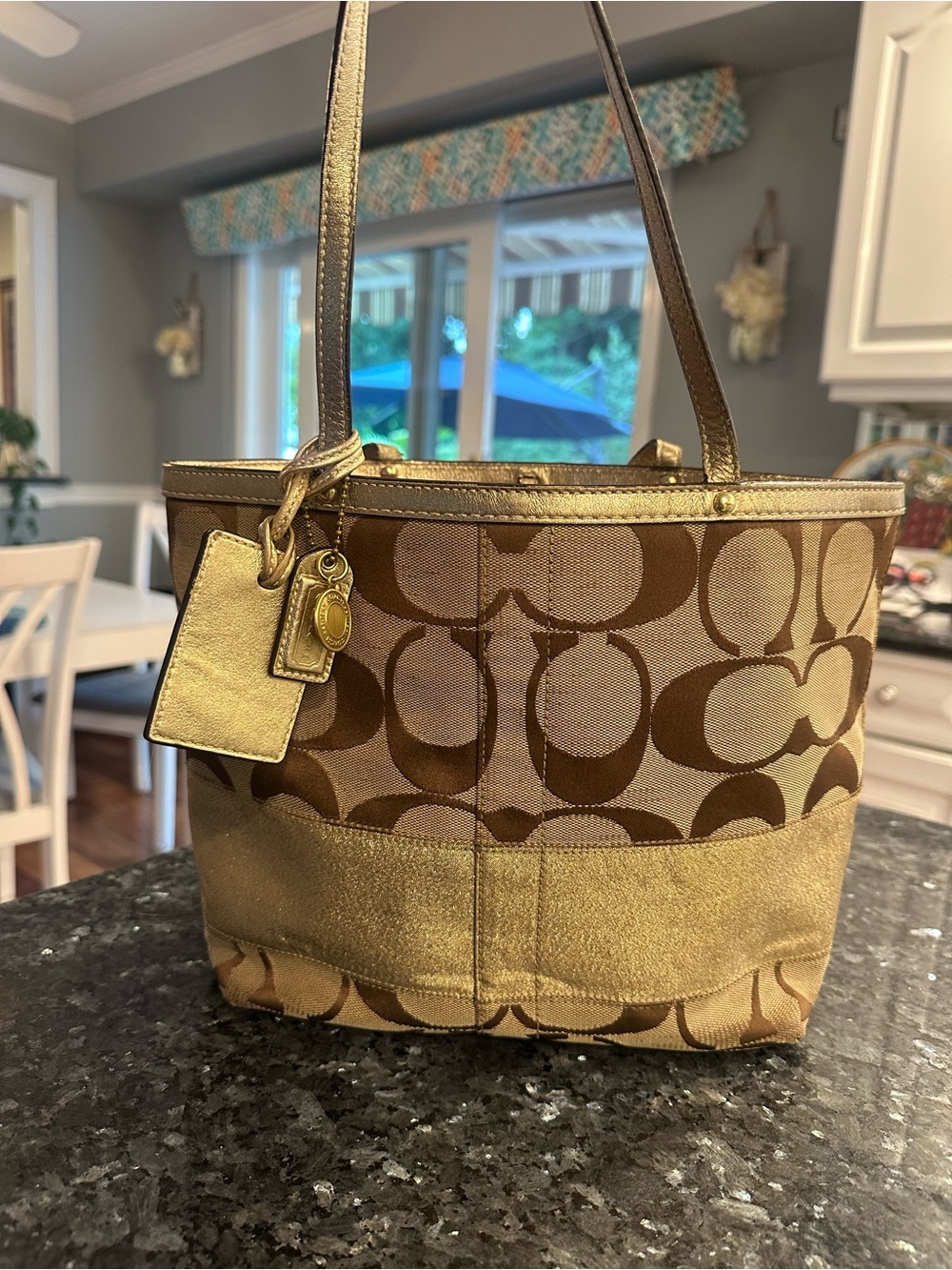 Coach Signature Canvas Tote in Metallic Gold and Brown